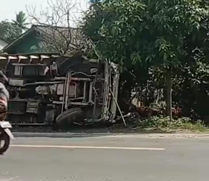 Truk Pengangkut Sawit Terbalik di Paluh Manis Gebang
